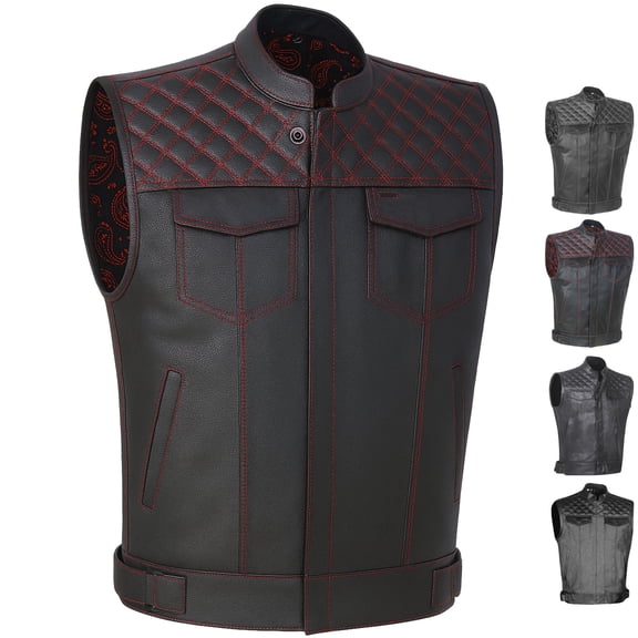 SOA Men's Leather Armor Motorcycle Vest - 100% Genuine Cowhide Biker Paisley Red 3XL