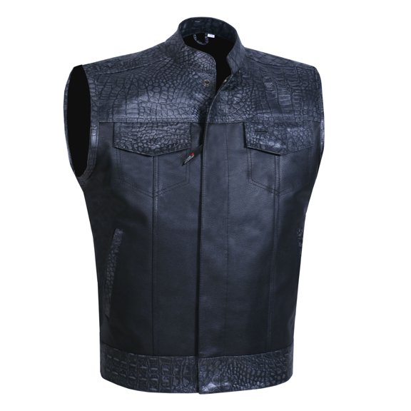 SOA Men's Leather Motorcycle Vest With Armor Biker Club Vest Crocodile Black