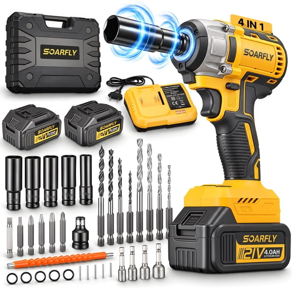 SOARFLY 1/2" Cordless Impact Wrench Kit, 443 Ft-lbs (600 N·m) Brushless Impact Gun, 4-in-1 21V High Torque Power Driver with 2× 4.0Ah Batteries, 3 Speeds for Tire Removal, Car & Home Repair