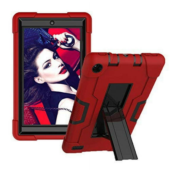 SOATUTO for All-New Fire 7 2019/2017(9th Gen,7th Gen)Tablet,Heavy-Duty Drop-Proof and Shock-Resistant Rugged Hybrid with Built-in Stand Case - Red+Black