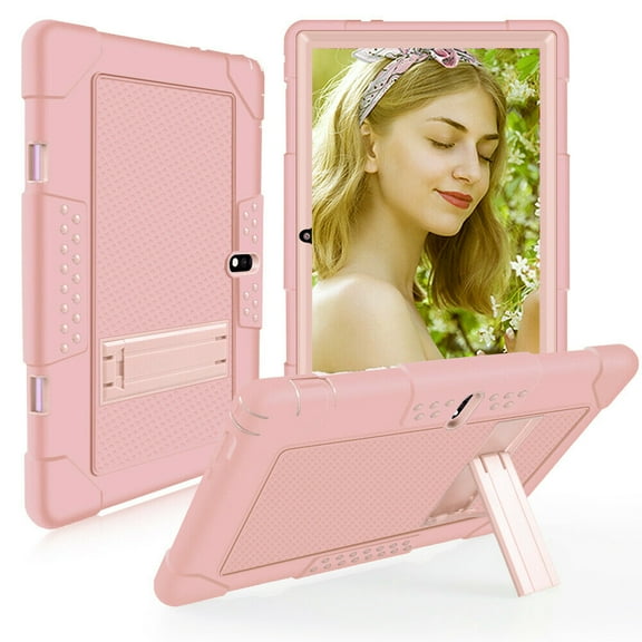 SOATUTO for Aoyodkg A22 10.1 inch Tab Case, Drop-Proof Shock-Resistant Rugged Hybrid Kids Friendly Sturdy Shell Built-in Stand for Meberry M7 / Awow UTBook / Logic T10L 10.1 inch Tablet - Rose Gold