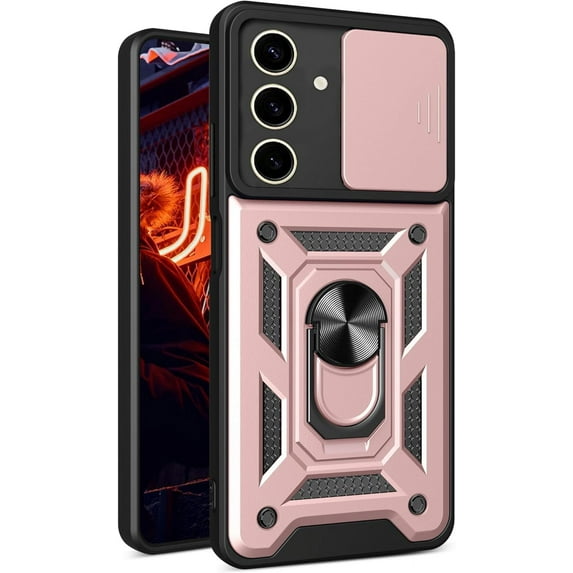 SOATUTO Armor Case for Samsung Galaxy S24 S24 Plus S24 Ultra with Slide Camera Cover & Rotated Magnetic Ring Kickstand, Shockproof Protection Phone Cover Case for Samsung Galaxy S24 Ultra, Rose Gold