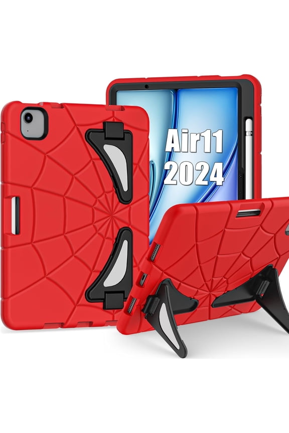 Cartoon Case for iPad Air 11 Inch M3 M2 2025 2024 , Built in Kickstand EVA Lovely Heavy Duty Shockproof Rugged Protective Cover for Kids Children Teens (Red)