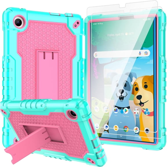SOATUTO Case for for AT&T Amigo Jr. Tab 8 inch Tablet 9136K - with 2PCS Screen Protector,[Built-in Kickstand] Anti Slip Kids Friendly Shockproof Silicone Protective Cover (Green/Pink+2 PCS Glass)