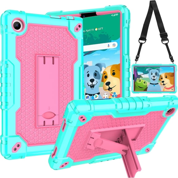 SOATUTO Case for AT&T Amigo Jr. Tab 8 inch Tablet 9136K - [Built-in Kickstand] Anti Slip Kids Friendly Shockproof Silicone Protective Cover (Green/Pink)