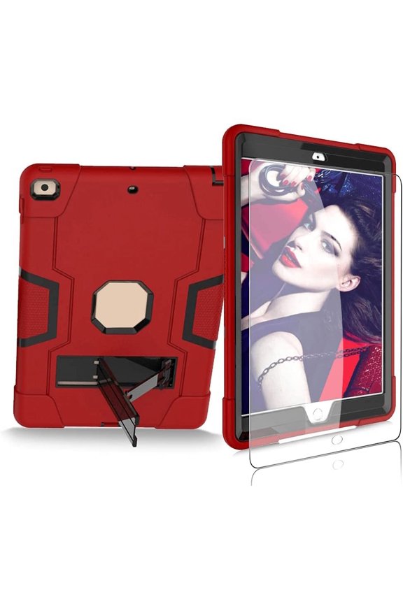 Case for Apple iPad 9th For iPad 9th 8th 7th Generation 2021 2020 2019 Model 10.2 Inch Tablet Case Come with HD Clear Tempered Glass Screen Protector - 1 Pcs Screen Protector/Red+Black