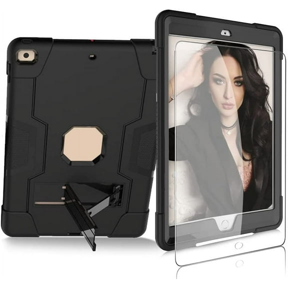 SOATUTO Case for Apple iPad 9th For iPad 9th 8th 7th Generation 2021 2020 2019 Model 10.2 Inch Tablet Case Come with HD Clear Tempered Glass Screen Protector - 1 Pcs Screen Protector/Black+Black