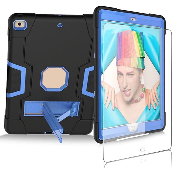 SOATUTO Case for Apple iPad 9th For iPad 9th 8th 7th Generation 2021 2020 2019 Model 10.2 Inch Tablet Case Come with HD Clear Tempered Glass Screen Protector - 1 Pcs Screen Protector/Black+Blue