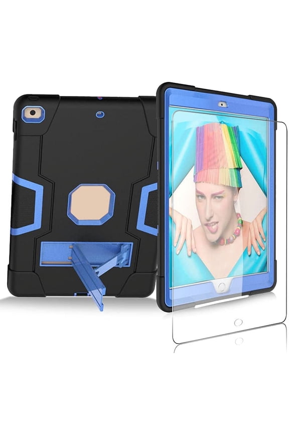Case for Apple iPad 9th For iPad 9th 8th 7th Generation 2021 2020 2019 Model 10.2 Inch Tablet Case Come with HD Clear Tempered Glass Screen Protector - 1 Pcs Screen Protector/Black+Blue