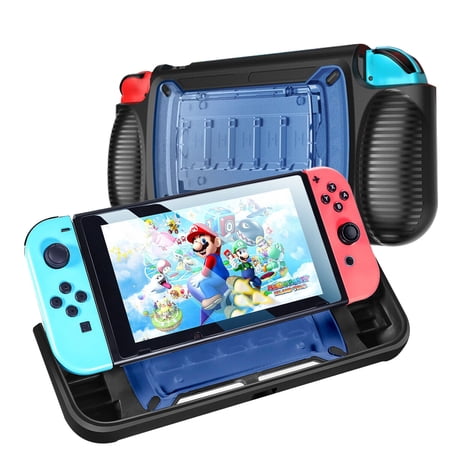 SOATUTO Case Cover Compatible for Nintendo Switch,Shockproof Anti-Scratch Anti-Drop Protective Case Cover with Stand and Game Storage Case for Nintendo Switch(Black/Blue)