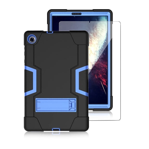 SOATUTO Case for Lenovo M10 Plus Case with Screen Protector , Heavy-Duty Hybrid Case Built-in Stand / Tempered Glass for Lenovo Tab M10 Plus TB-X606F TB-X606X 10.3" FHD Tablet-Black+Blue/1 Pcs