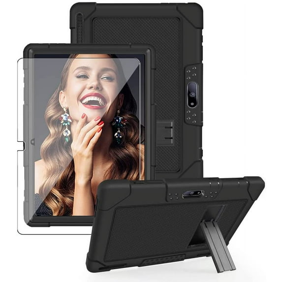 SOATUTO Case for Pritom M10 / Fangor F-X10 / QunyiCO Y10 / Voger priorpad X100 / Digiland / Gateway 10.1 Case Hybrid Shockproof Kids Friendly Cover With HD 9H Tempered Glass Film - Black+Black/1 Pcs
