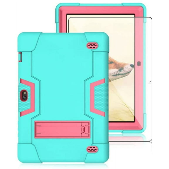 SOATUTO Case for Vankyo Z4 Pro tab Case with Tempered Glass Screen Protector , Heavy-Duty Hybrid Case Built-in Stand for Vankyo MatrixPad Z4 Vankyo Z4 Pro Llltrade 10 inch Tablet - Aqua+Pink/1 Pcs