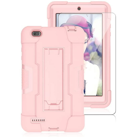 SOATUTO Case for Walmart Onn 7 Inch 1st / 2nd Gen Tablet With Tempered Glass Screen Protector Heavy-Duty Rugged Hybrid Built-in Stand For Walmart Onn 7 Model 100005206 100015685 (Rose Gold/1 Pcs)