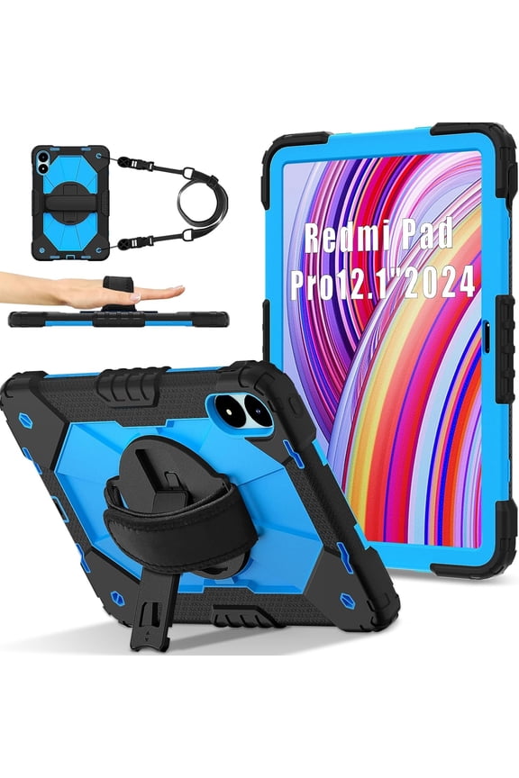 Case for Xiaomi Redmi Pad Pro 12.1"/Xiaomi Poco Pad 12.1", Shockproof Protective Tablet Case with Kickstand/Hand Strap/Rotating Stand/Shoulder Strap (Black/Blue)