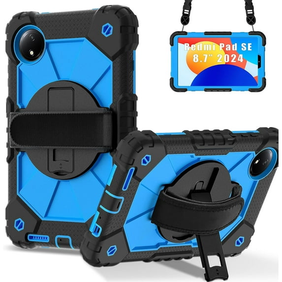 SOATUTO Case for Xiaomi Redmi Pad SE 8.7 4G 2024, Heavy Duty Cover Shockproof Anti-Drop Case Kickstand +Shoulder Strap for Redmi Pad SE 8.7inch 4G (Black/Blue)
