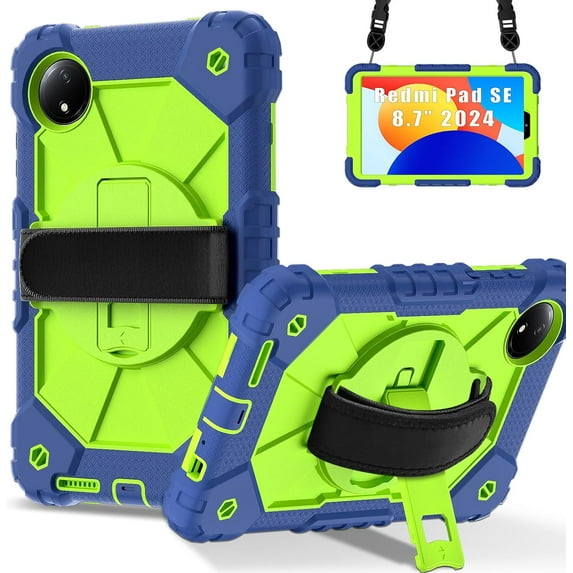 SOATUTO Case for Xiaomi Redmi Pad SE 8.7 4G 2024, Heavy Duty Cover Shockproof Anti-Drop Case Kickstand +Shoulder Strap for Redmi Pad SE 8.7inch 4G (Navy Blue/Green)