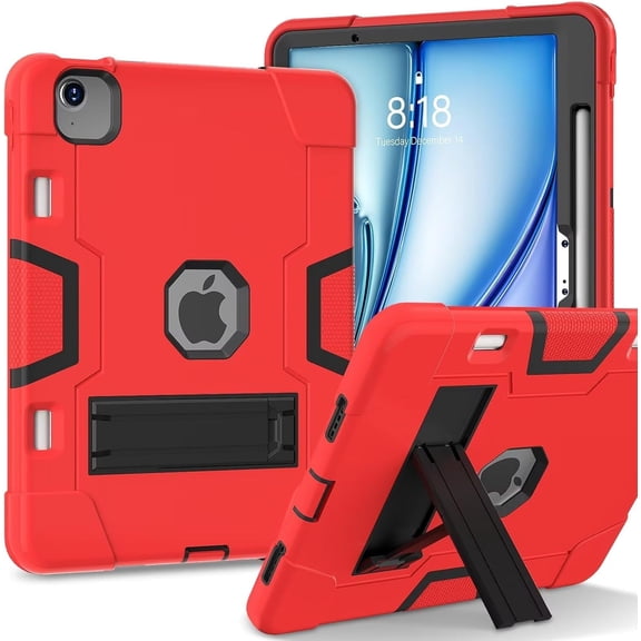 SOATUTO Case for iPad Air 11 Inch M3 M2 2025 2024 , Heavy Duty Protective Cover with Kickstand Built in Stand Kids Friendly Shell Case Fit for iPad Air 11 Inch M3 M2 2025 2024 (Red/Black)