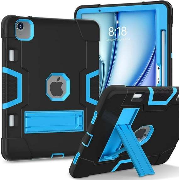 SOATUTO Case for iPad Air 11 Inch M3 M2 2025 2024 , Heavy Duty Protective Cover with Kickstand Built in Stand Kids Friendly Shell Case Fit for iPad Air 11 Inch M3 M2 2025 2024 (Black/Blue)