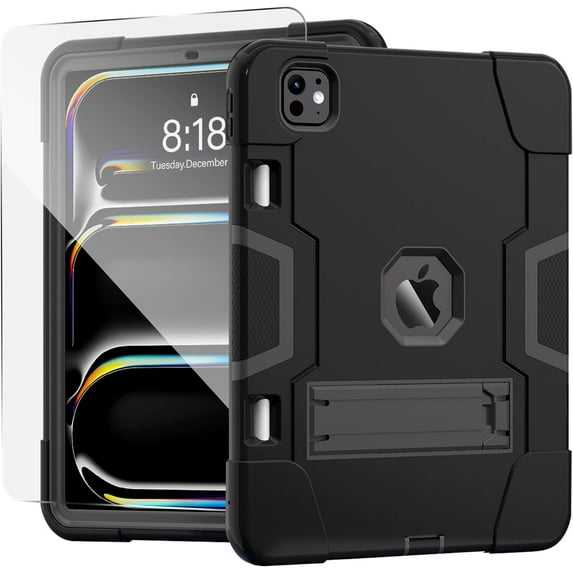 SOATUTO Case for iPad Pro 11-inch (M4) 2024 5th Generation, Heavy Duty Protective Cover with Kickstand Shell Case with screen protector Fit for iPad Pro 11-inch (M4) 2024 (Black/Black/1 PC)