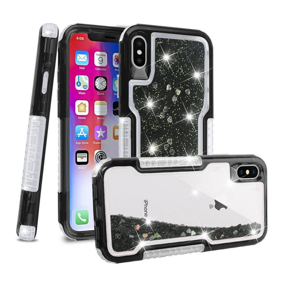 SOATUTO Case for iPhone X,3 in1 Layers Hybrid Liquid Heart Shaped Glitter Flowing Quicksand case Clear Soft Shockproof TPU Slim Protective Cover for iPhone X/XS(Black)