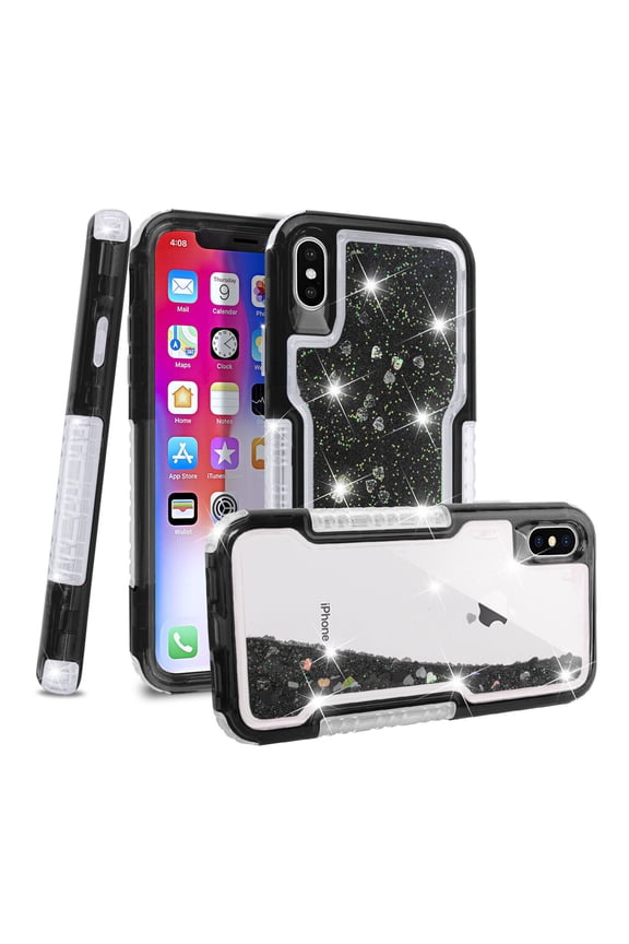 Case for iPhone X,3 in1 Layers Hybrid Liquid Heart Shaped Glitter Flowing Quicksand case Clear Soft Shockproof TPU Slim Protective Cover for iPhone X/XS(Black)