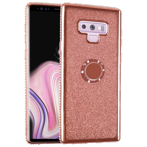 SOATUTO Compatible with Samsung Galaxy Note 9 Case,Cute Girly Glitter Diamond Rhinestone Bumper with Ring Kickstand Pink TPU Protective Cover Case for Samsung Galaxy Note 9 Bling - Rose Gold