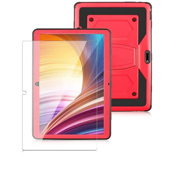 SOATUTO for Dragon Touch Max 10 Plus Case with Screen Protector T empered Glass Film Hybrid Built Stand for ANTEMPER、Meize K105、Flying TECH、Victbing、FEONAL、Wecool、HOOZO 10 inch Tablet-Red+1 Pcs