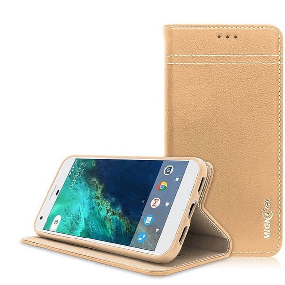 SOATUTO For Google Pixel Case Luxury Genuine Leather Folio Case with Stand and Card Slots, Magnetic Closure Cover for Google Pixel 5.0 inch (2016 Release) (Khaki)