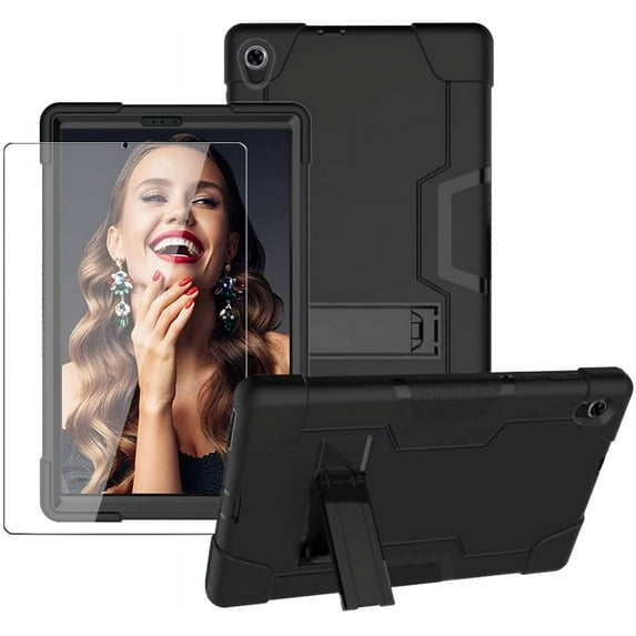 SOATUTO For Lenovo M10 Plus 2020 2nd Gen Case For Lenovo Tab K10 TB-X6C6F 10.3 " Case DropProof ShockProof Rugged Built in Stand Case With HD Clear Tempered Glass Screen Protector - Black+Black/1 Pcs