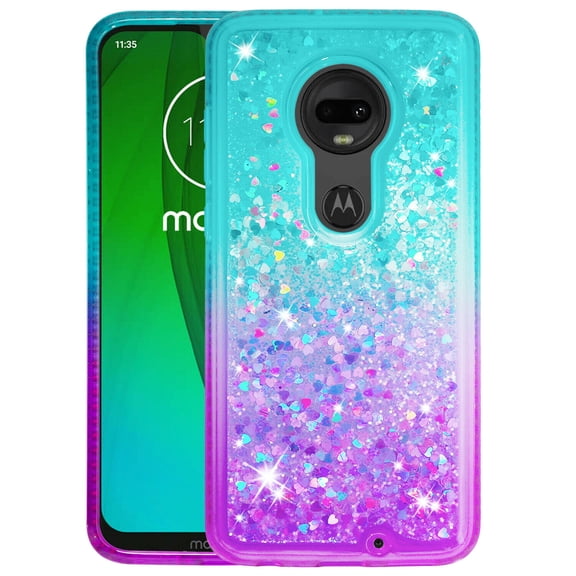 SOATUTO For Motorola G7 Phone Case Moto G7 Plus Glitter Case Sparkle Glitter Flowing Liquid Quicksand with Shiny Bling Diamond Women Girls Cute Case For Motorola G7 / Moto G7 Plus - Green+Purple
