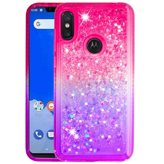 SOATUTO For Motorola One Power (P30 Note) Case Glitter Case Sparkle Glitter Flowing Liquid Quicksand with Shiny Bling Diamond Women Girls Cute Case For Motorola One Power (P30 Note) - Pink+Purple