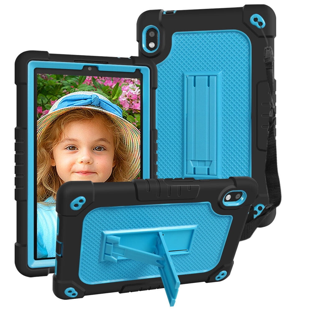 SOATUTO For Orbic Tab 8 inch Heavy Duty Case with Shoulder Strap Kickstand Soft Silicone Hard Back Hybrid Armor Protective Cover for 8" Orbic Tab 8 5G Verizon / Orbic Tab 8 5G UW 8 inch - Black+Blue