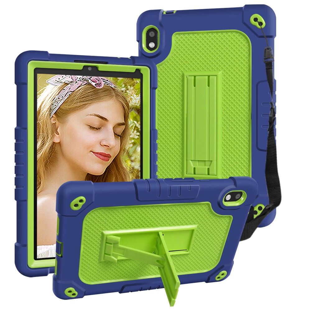 SOATUTO For Orbic Tab 8 inch Heavy Duty Case with Shoulder Strap Kickstand Soft Silicone Hard Back Hybrid Armor Protective Cover for 8" Orbic Tab 8 5G Verizon / Orbic Tab 8 5G UW 8 inch - Navy+Green