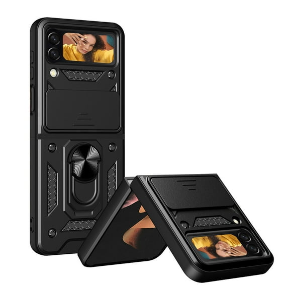 SOATUTO For Samsung Galaxy Z Flip 4 5G Case with Hinge Protection, Built-in Kickstand & Slide Camera Cover Fit Magnetic Car Mount Holder Case for Samsung Galaxy Z Flip 4 2022 - Black