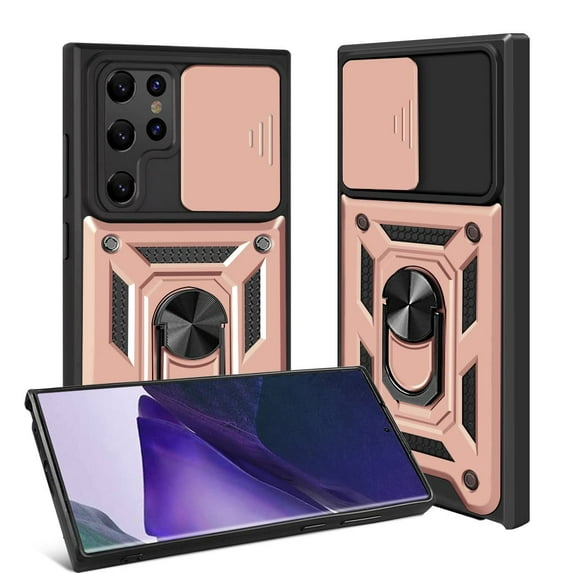 SOATUTO For Samsung S22 Ultra Phone Case Military Grade Drop Rugged Cover with Camera Slide Anti-Scratch Protective 360° Rotate Stand Shockproof Case for Samsung Galaxy S22 Ultra 6.8 inch - Rose Gold
