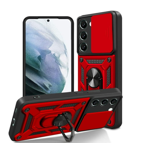 SOATUTO For Samsung S23 Phone Case Military Grade Drop Rugged Cover With Camera Slide Anti-Scratch Protective 360° Rotate Kickstand Sturdy Shockproof Case For Samsung Galaxy S23 2023 - Red