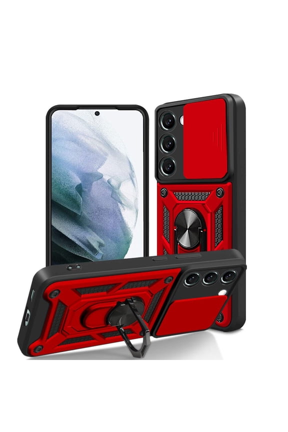 For Samsung S23 Phone Case Military Grade Drop Rugged Cover With Camera Slide Anti-Scratch Protective 360° Rotate Kickstand Sturdy Shockproof Case For Samsung Galaxy S23 2023 - Red