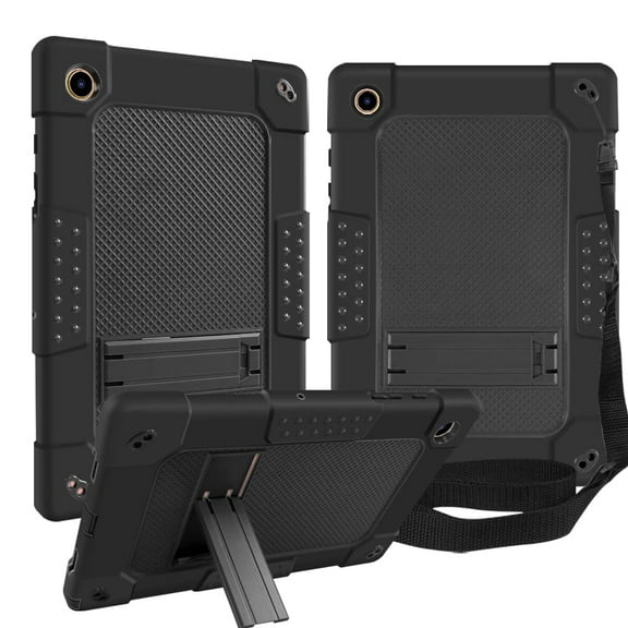 SOATUTO For Samsung Tab A8 Case With Shoulder Strap / Kickstand Soft Silicone Hybrid Shockproof Drop Proof Case For Samsung Galaxy Tab A8 Case 10.5 Inch 2022 SM-X200 SM-X205 SM-X207 - Black+Black