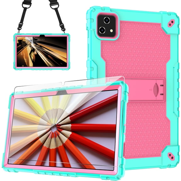 SOATUTO For T-Mobile Revvl Tab 5G Come With Tempered Glass Screen Protector Film Tablet Case with Kickstand / Shoulder Strap Kids Friendly Shell Fit for T-Mobile Revvl 10.36 inch - Green+Pink/1 Pcs