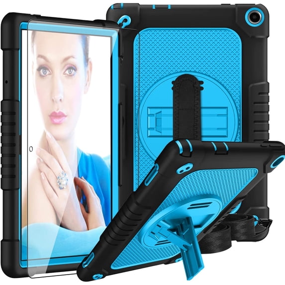 SOATUTO For Walmart Onn 10.1 3rd Gen 2022 Case Built in Handle Strap Shoulder Strap KickStand and Come With HD 9H Tempered Glass Film For Walmart Onn 10.1 3rd Gen Model 100071485 - Black+Blue/1 Pcs