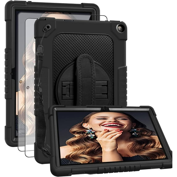 SOATUTO For Walmart Onn 10.1 Gen 3 Tablet Case With Screen Protector / Shockproof Rugged Silcone Protective Cover W/Stand Shoulder Strap For Walmart Onn 10.1 Model 100071485 2022 - Black+Black/2 Pcs