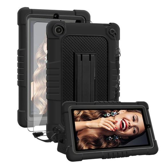 SOATUTO For Walmart Onn 7 Gen 3 Case / Onn 7 2022 Model Tbalet Case Built in Shoulder Strap & Stand With HD Tempered Glass Screen Protector For Walmart Onn 7 2022 Model 100071481 - Black+Black&2 Pcs