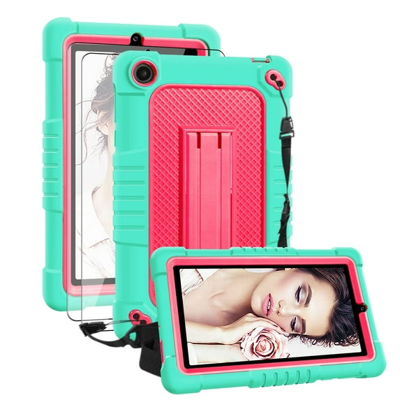 SOATUTO For Walmart Onn 7 Gen 3 Case / Onn 7 2022 Model Tbalet Case Built in Shoulder Strap & Stand With HD Tempered Glass Screen Protector For Walmart Onn 7 2022 Model 100071481 - Green+Pink&2 Pcs