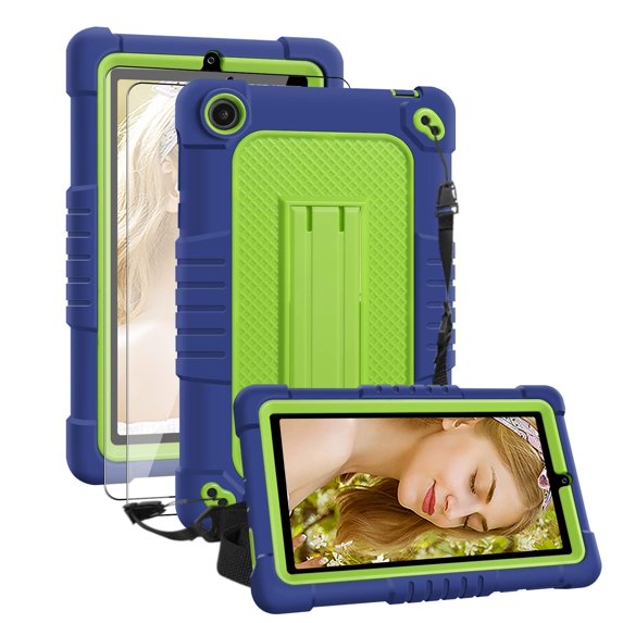 SOATUTO For Walmart Onn 7 Gen 3 Case / Onn 7 2022 Model Tbalet Case Built in Shoulder Strap & Stand With HD Tempered Glass Screen Protector For Walmart Onn 7 2022 Model 100071481 - Navy+Green&2 Pcs
