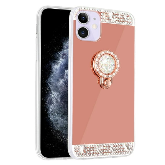 SOATUTO For iPhone 12 Case iPhone 12 Pro Mirror Case with Ring Holder Stand for Girls Women Bling Shining Rhinestone Diamond Luxury Fashion Makeup Case for iPhone 12 12 Pro 6.1 inch - Rose Gold