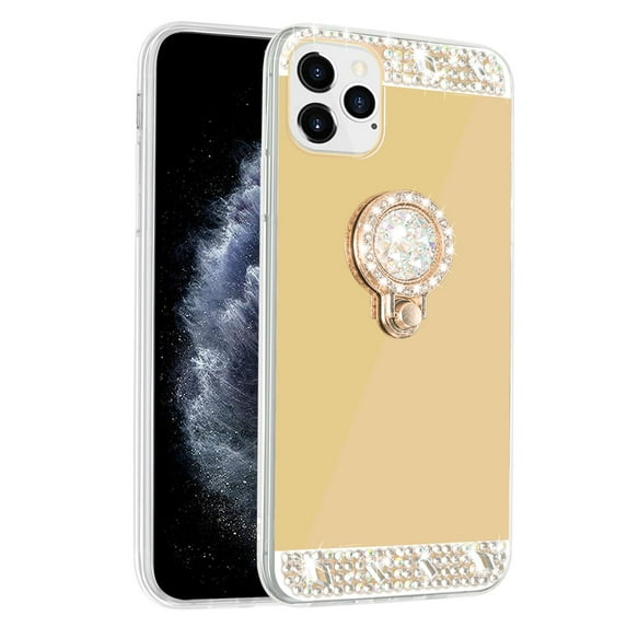 SOATUTO For iPhone 12 Pro Max Glitter Case Mirror Case with Ring Holder Stand for Girls Women Bling Shining Rhinestone Diamond Luxury Fashion Makeup Case for iPhone 12 Pro Max 6.7 inch - Gold