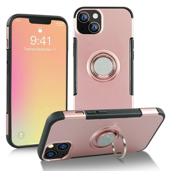 SOATUTO For iPhone 13 Mini 5.4 inch Case with 360 Rotating Metal Ring Kickstand Carbon Fiber Trim & Rubber Bumper Shockproof Protective Compatible With Apple iPhone 13 Mini 5.4 inch 2021 - Rose Gold
