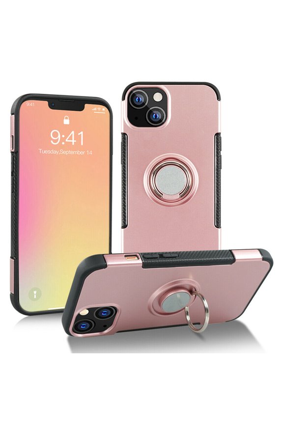 For iPhone 13 Mini 5.4 inch Case with 360 Rotating Metal Ring Kickstand Carbon Fiber Trim & Rubber Bumper Shockproof Protective Compatible With Apple iPhone 13 Mini 5.4 inch 2021 - Rose Gold