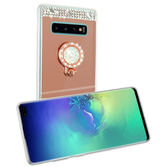 SOATUTO Glitter Case for Samsung S10 Mirror Case with Ring Holder Kickstand for Girls Women Bling Shining Rhinestone Diamond Luxury Fashion Makeup Case for Samsung Galaxy S10 - Rose Gold